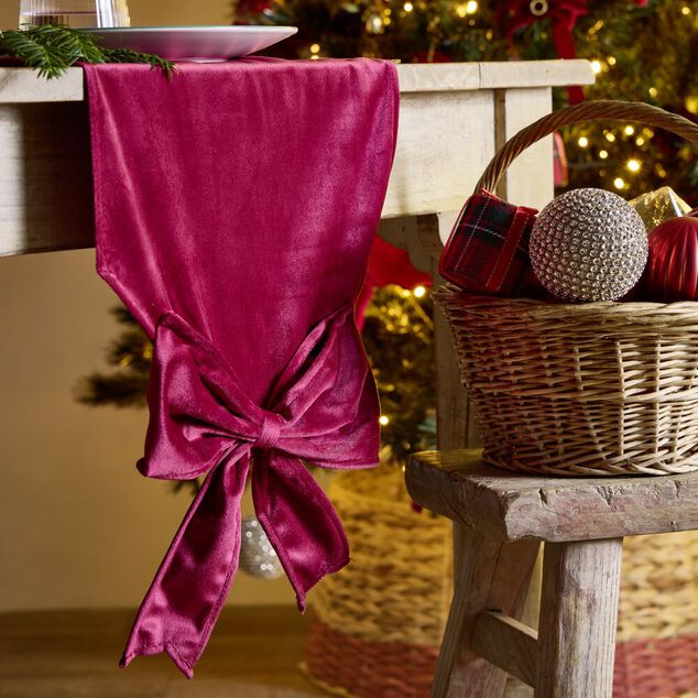Chemin de table noeud rouge imitation velours L240X32 cm rouge