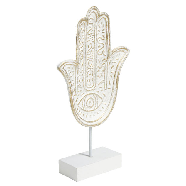 Main de Fatma grav&eacute;e &agrave; poser en bois et m&eacute;tal blanc 16xH28,5cm