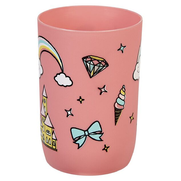 Gobelet salle de bain enfant rose motif ch&acirc;teau arc-en-ciel