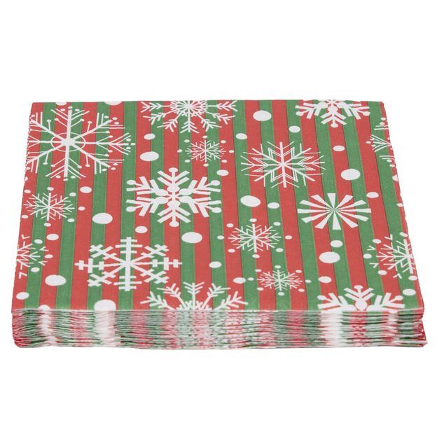 Serviette en papier 4 plis X20 pcs imprim&eacute; flocon de neige fond ray&eacute; d&eacute;cor&eacute; 33X33 cm rouge et vert