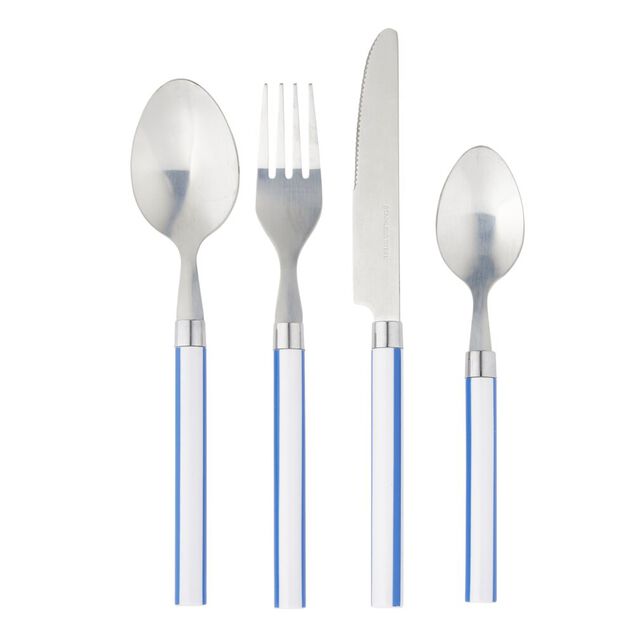 M&eacute;nag&egrave;re 16 pi&egrave;ces inox et plastique bayad&egrave;re blanc et bleu