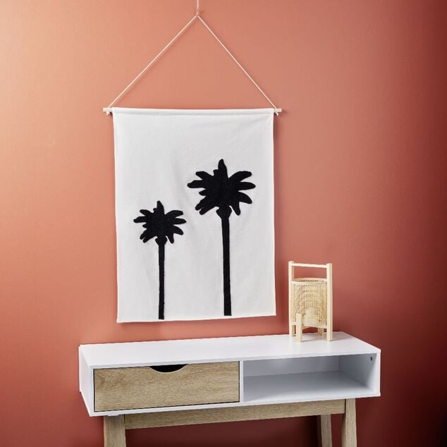 D&eacute;coration murale toile motif palmier coton beige et noir