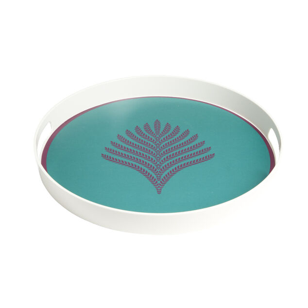 Plateau rond feuille exotique m&eacute;lamin&eacute; vert &Oslash;34,5xH4,1cm