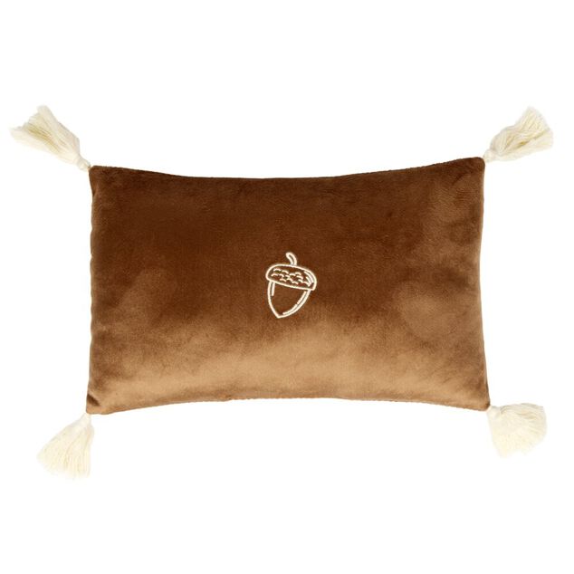 Coussin rectangulaire marron 4 pompons 1 motif nature 20x30cm (2 mod&egrave;les)