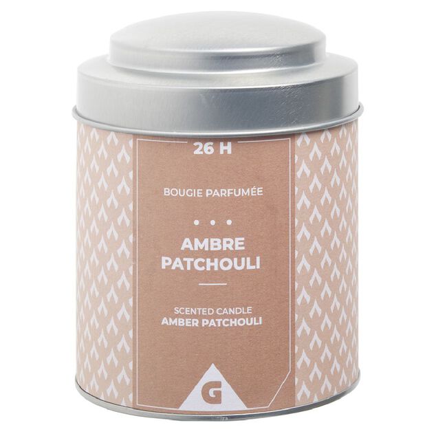 Bougie parfum&eacute;e pot m&eacute;tal gris et moutarde senteur ambre patchouli 26H