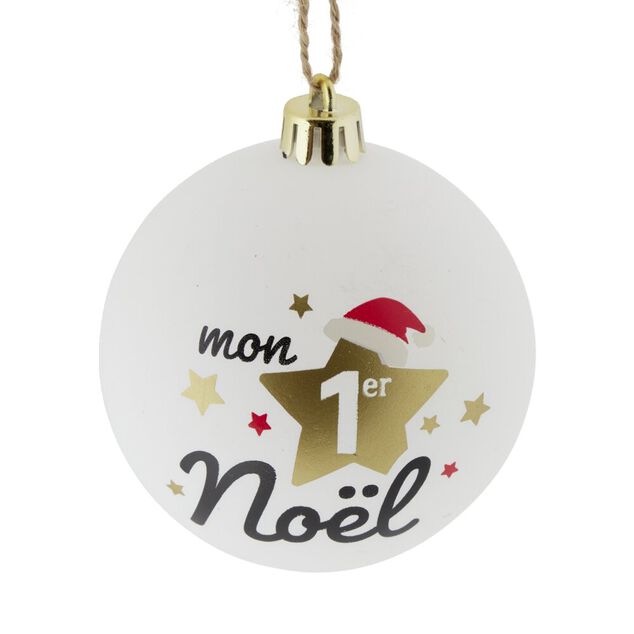 Boule de No&euml;l "Mon 1er No&euml;l" rouge ou blanche &Oslash;8cm - 2 coloris