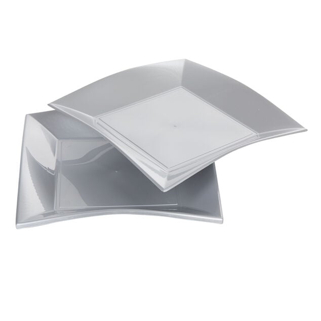 Assiette carr&eacute;e 23x23 cm design incurv&eacute; argent&eacute; x6