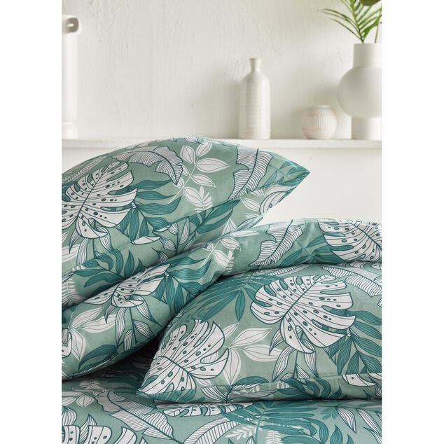Parure de lit 2 personnes 220x240cm motif feuillage exotique vert et blanc