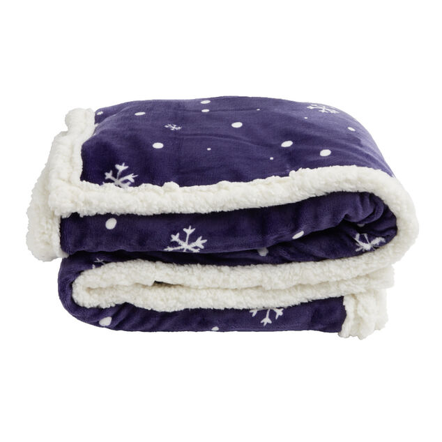 Plaid sherpa No&euml;l flanelle motif flocon bleu et blanc 120x150cm