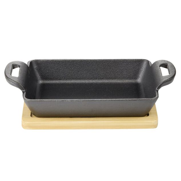 Mini plat rectangulaire en fonte avec support bambou L19X11X5 cm noir