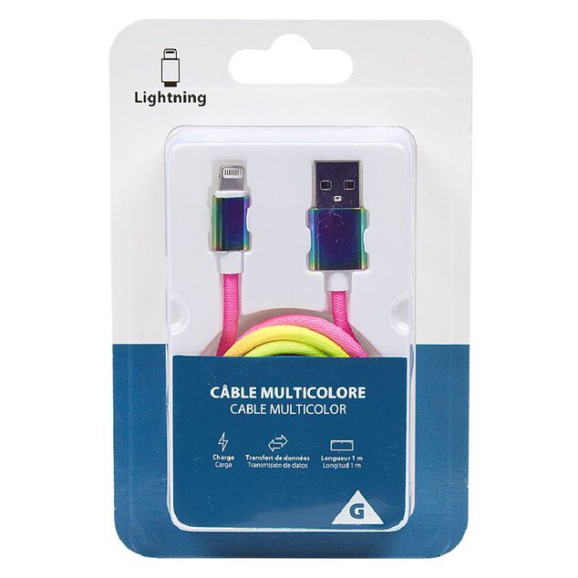 C&acirc;ble lightning multicolore Iphone charge et transfert de donn&eacute;es