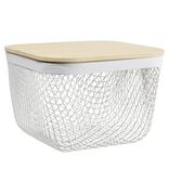 Corbeille cuisine 2L m&eacute;tal grillag&eacute; blanc avec couvercle bambou 15x15xH11cm