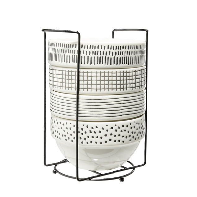 Lot de 4 bols en fa&iuml;ence color&eacute;s avec support &Oslash;14xH8cm