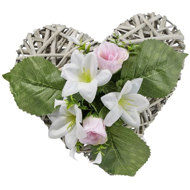 Coeur effet tress&eacute; fleur artificielle rose et blanc 30x31xH16cm