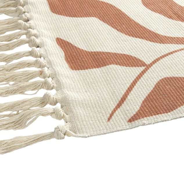 Tapis salle de bain à franges motif feuillage blanc écru et marron 45x70cm