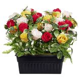 Pot de rose blanche rouge jaune et gypsophile artificiel L43x28xH38cm