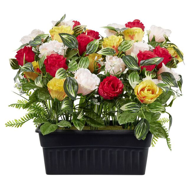 Pot de rose blanche rouge jaune et gypsophile artificiel L43x28xH38cm