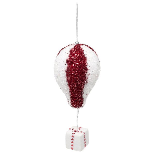 Montgolfi&egrave;re de No&euml;l brillante rouge et blanc &agrave; suspendre H17cm