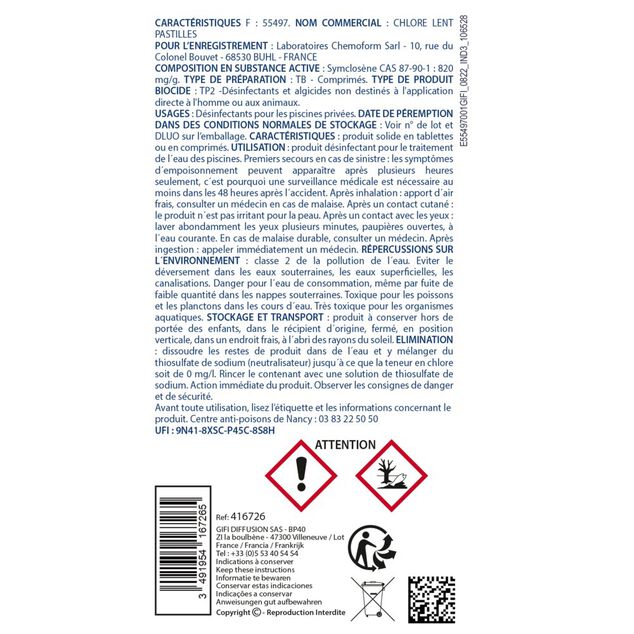 Chlore lent piscine pastilles 20g Aquaway 1kg