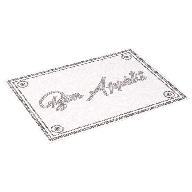 Tapis de cuisine vinyle imprim&eacute; Bon app&eacute;tit gris et blanc 70x49cm