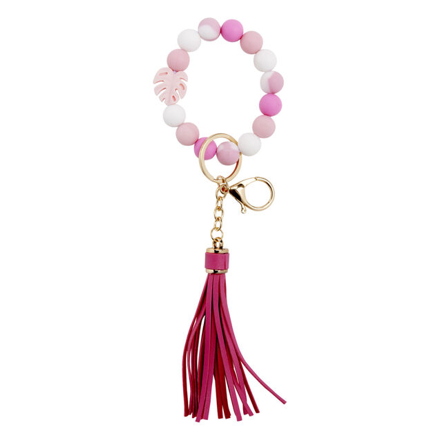 Porte-clé pompon simili et bracelet perle en bois Ø8xL9cm (2 modèles)