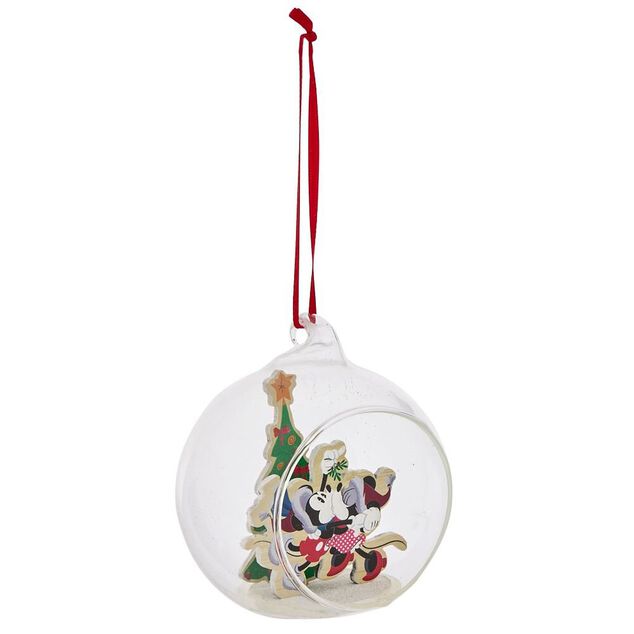 Boule de No&euml;l Disney Mickey Minnie en verre et bois &Oslash;8cm