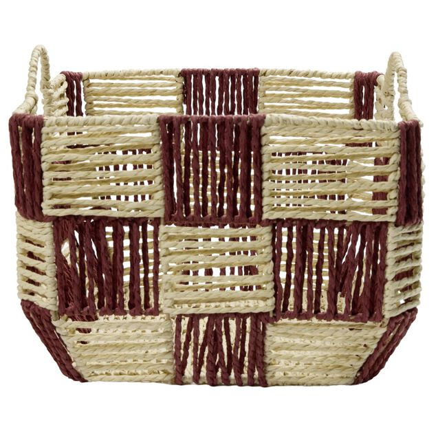 Pani&egrave;re de rangement carr&eacute;e damier papier beige et rouge 29x29xH20cm
