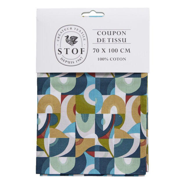 Coupon tissu imprim&eacute; abstrait 70x100cm coton bleu multicolore