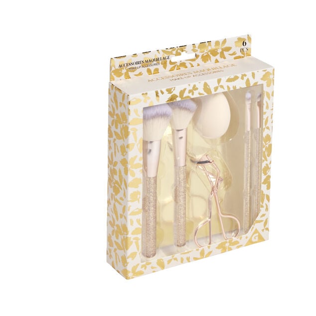 Kit accessoires maquillage 6 pi&egrave;ces beige ou rose - 2 coloris