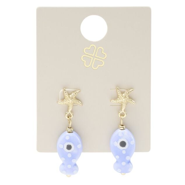 Boucles d'oreilles c&eacute;ramique &eacute;toile de mer et poisson zinc dor&eacute; L2cm