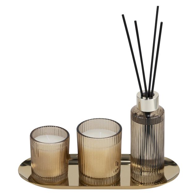Coffret senteur bougie x2 avec diffuseur 100ml et plateau m&eacute;tal dor&eacute; (3 mod&egrave;les)