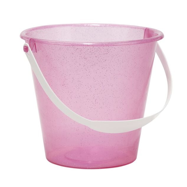 Seau de plage enfant plastique paillette 18x14xH15,5cm (4 mod&egrave;les)
