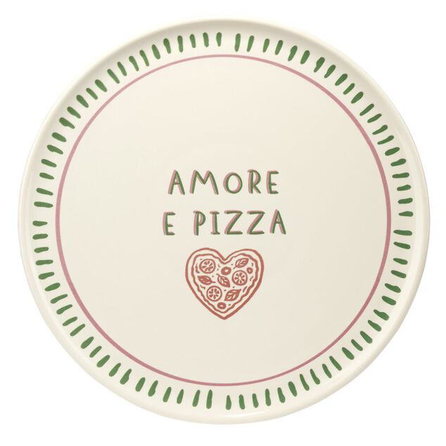 Assiette &agrave; pizza inscription Amore e Pizza beige contour traits verts &Oslash;32cm