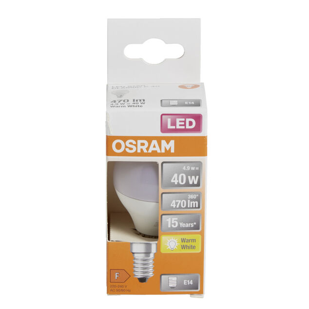 Ampoule LED E14 G45 blanc chaud Osram 4,9W=40W 470lms classe F