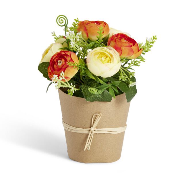 Fleurs artificielles pot kraft renoncule jaune et orange 7 t&ecirc;tes H18cm