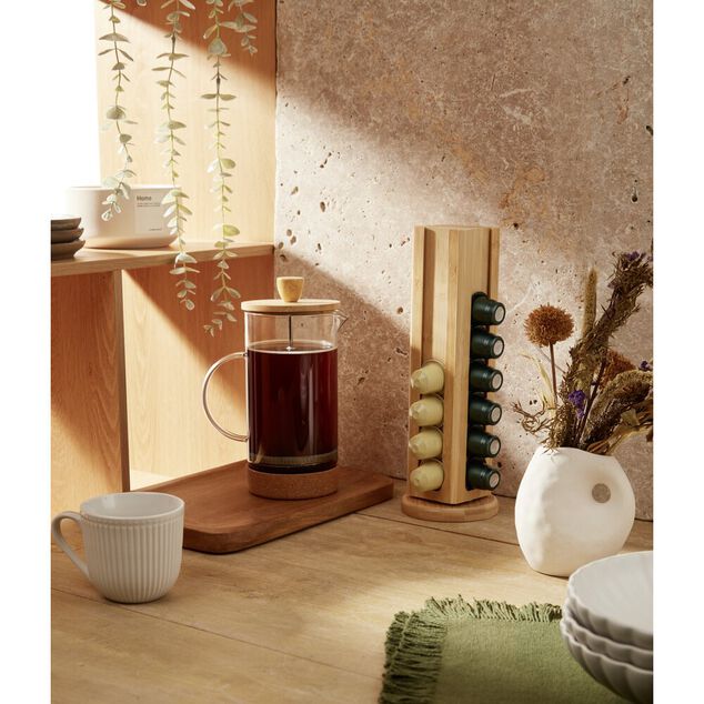 Cafeti&egrave;re &agrave; piston en verre, acier et bambou 1L