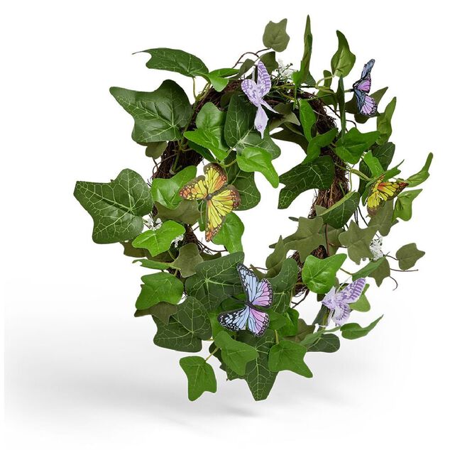 Couronne d&eacute;co printemps lierre artificiel et papillons &Oslash;45cm