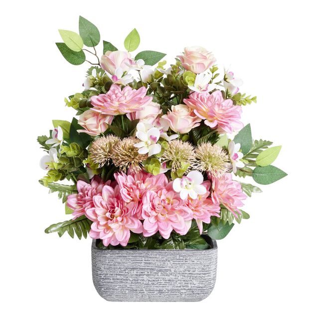 Composition florale artificielle multifleurs roses jardini&egrave;re ciment L50xH60cm
