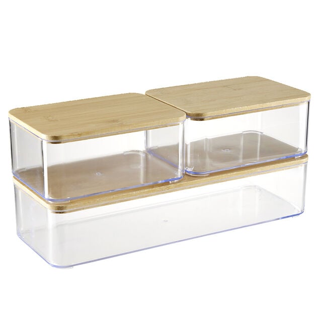 Bo&icirc;te de rangement x3 plastique transparent couvercle bambou