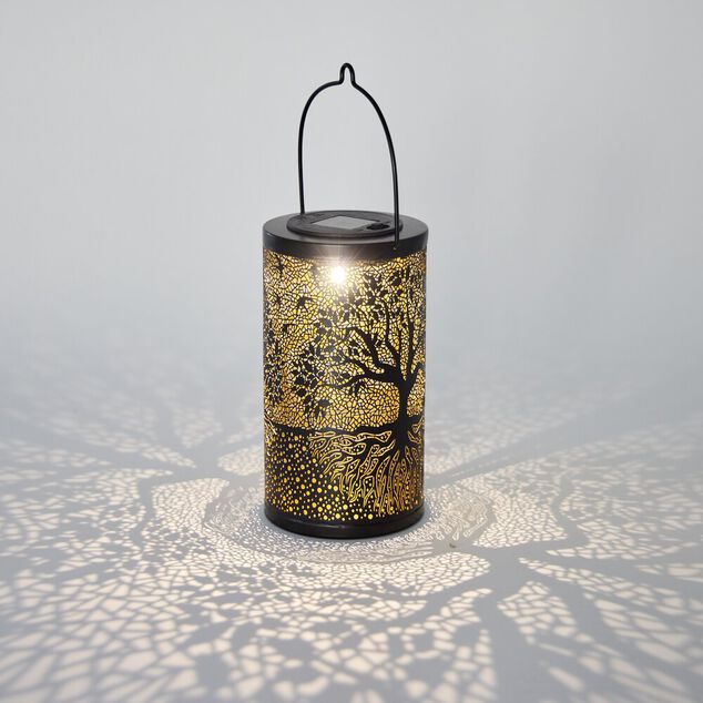 Lanterne solaire ronde LED arbre de vie m&eacute;tal bronze marron &Oslash;10xH28cm
