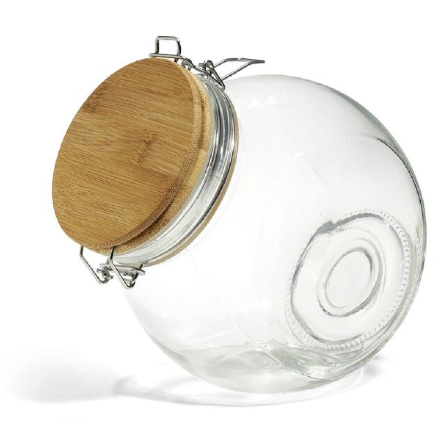 Bocal verre transparent 1,6L avec couvercle bambou et clip en fer