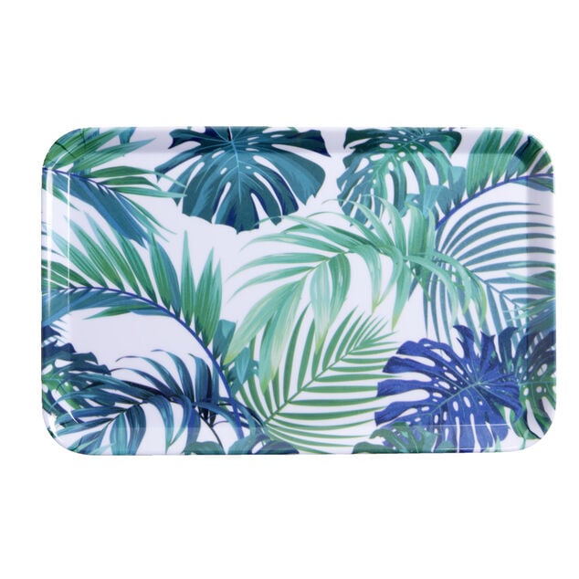 Plateau rectangulaire m&eacute;lamin&eacute; feuillage exotique blanc et bleu 19x30cm