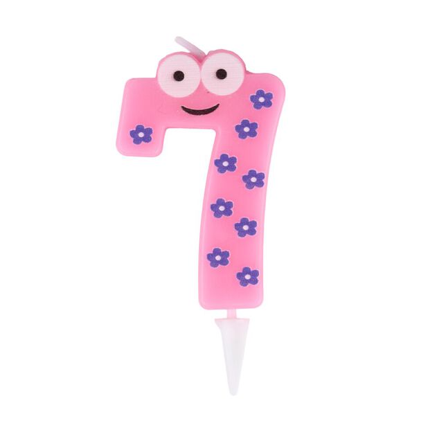 Bougie chiffre 7 personnage fleurs rose et violet H8,5cm