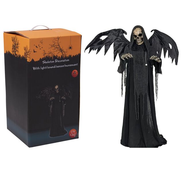 D&eacute;coration Halloween automate squelette anim&eacute; son et lumi&egrave;re 110x20xH170cm