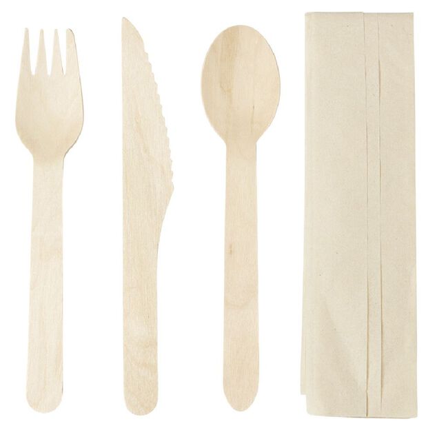 Set pique nique couverts en bois et serviette en papier 20 pi&egrave;ces