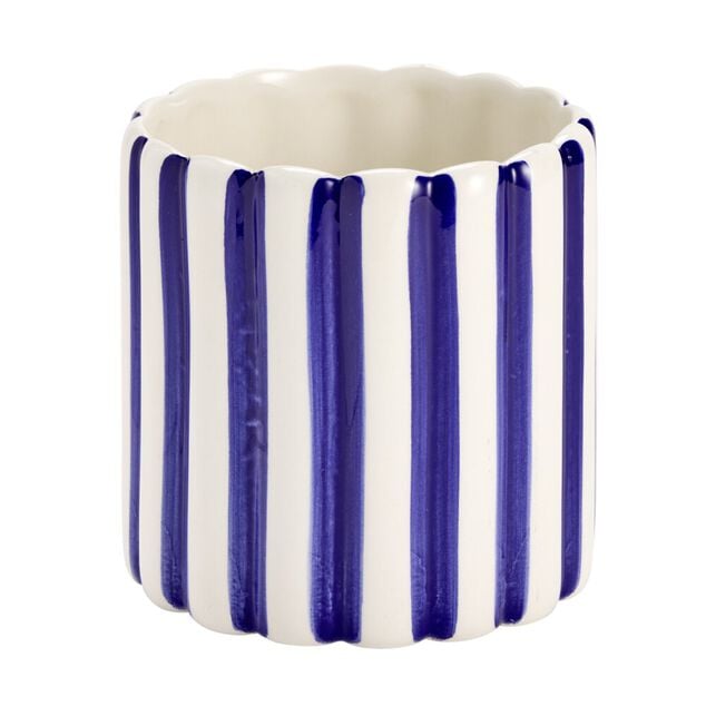 Vase en c&eacute;ramique rayures bayad&egrave;re blanc et bleu &Oslash;11,5xH11,5cm