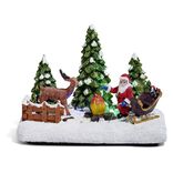 Père Noël et renne lumineux feu de bois sur la neige 4 LED en résine