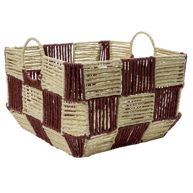 Pani&egrave;re de rangement carr&eacute;e damier papier beige et rouge 34x34xH24cm