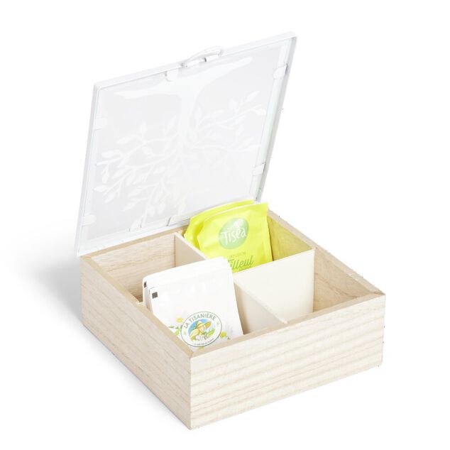 Boîte bois et métal beige et blanc motif arbre 16x16x6cm