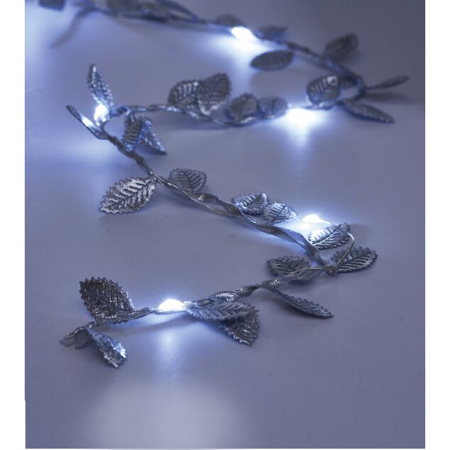 Guirlande lumineuse feuille argent&eacute;e 20 microLED blanc chaud 1,90m